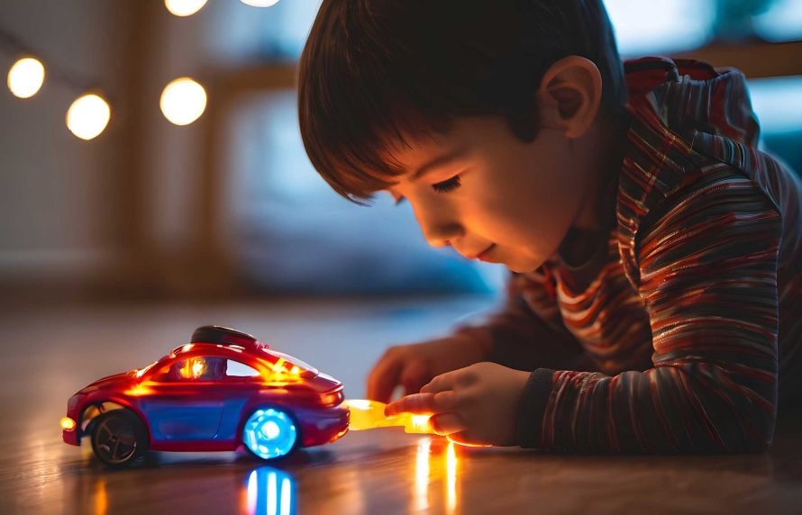 Un enfant regardant une petite voiture lumineuse